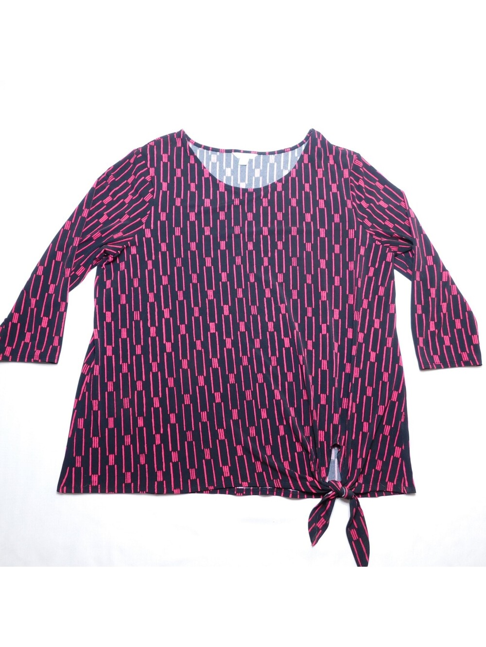 C Est 1946 Cato Women Large L Blouse Black Pink Geometric Side Tie Knot Top 3/4